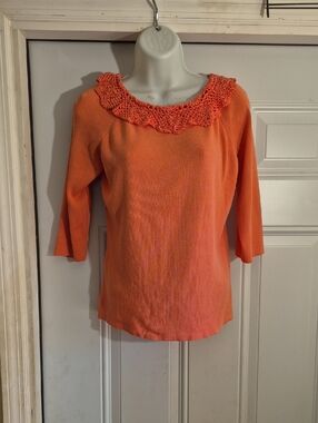 Women's Orange Crochet-Neck 3/4 Sleeve Top